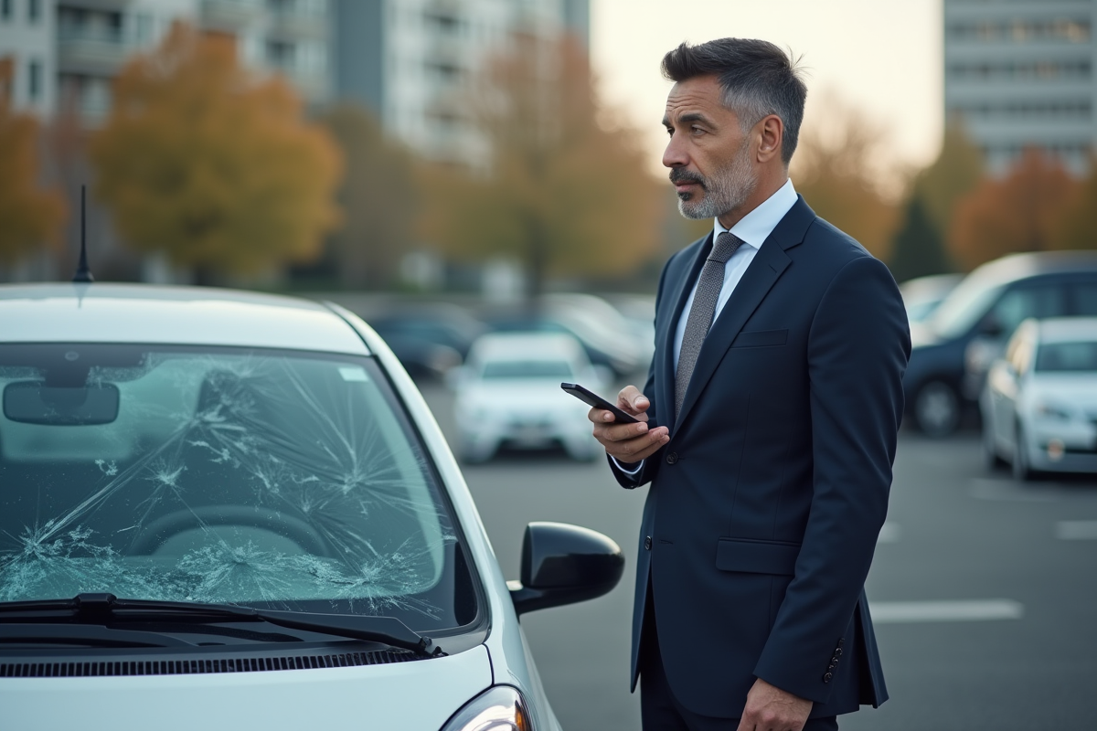 Homme d'affaires regardant son pare-brise endommage dans un parking urbain