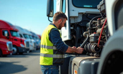 Mécanicien en gilet réfléchissant inspectant un camion d'occasion