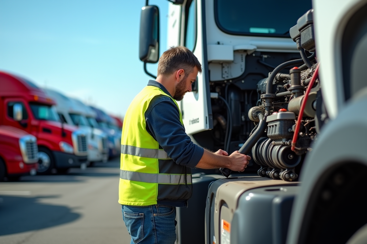 Mécanicien en gilet réfléchissant inspectant un camion d'occasion