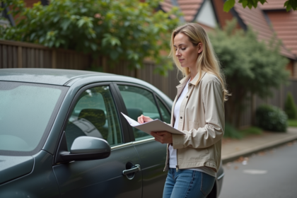 Femme inspectant une voiture ancienne dans un jardin