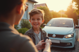Jeune conducteur recevant ses clés de voiture par un parent en matinée