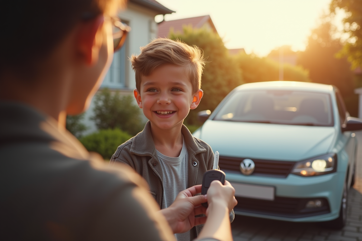 Jeune conducteur recevant ses clés de voiture par un parent en matinée