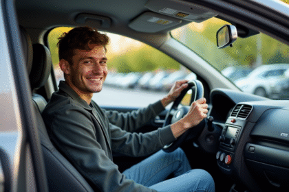 Jeune conducteur souriant dans sa voiture en ville