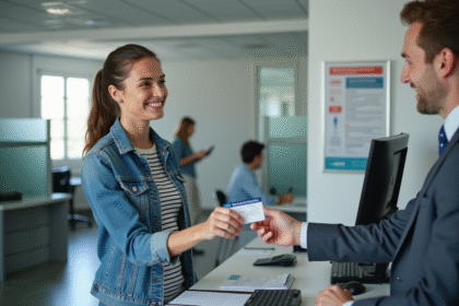 Jeune femme remet son permis américain à un agent en France
