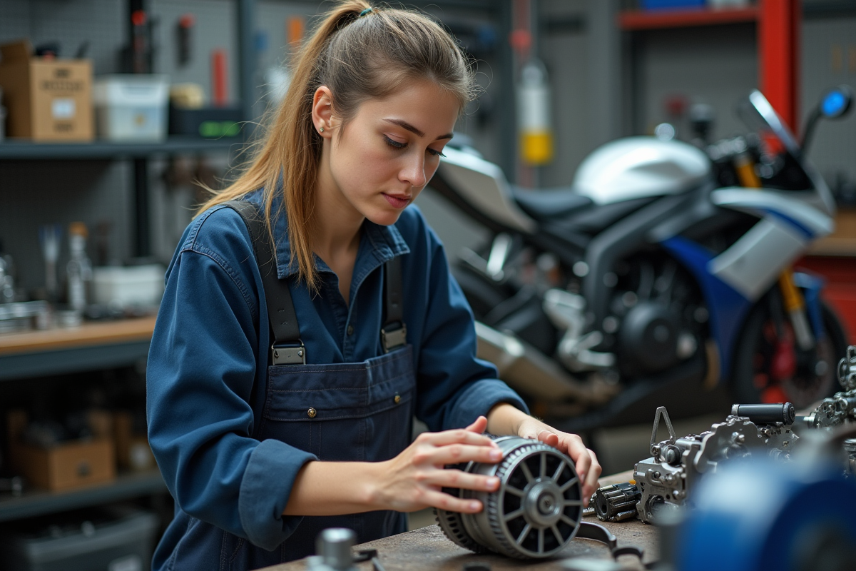 Jeune femme ingénieure examinant un moteur de moto