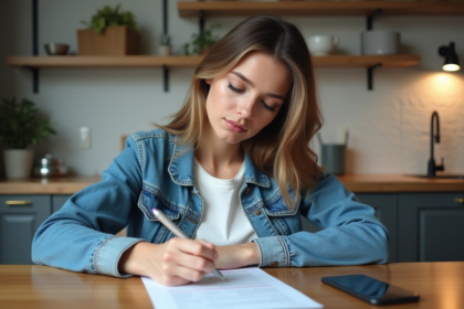Jeune femme remplissant un formulaire de voiture à la maison