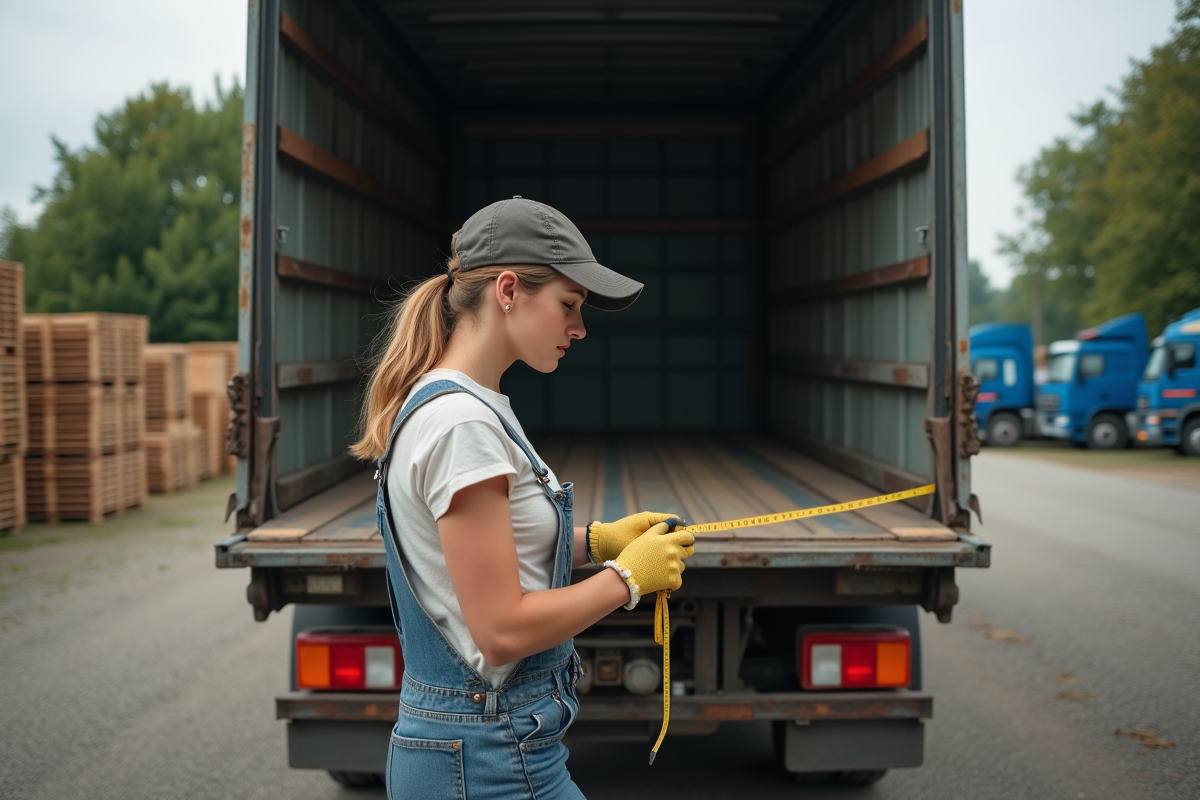 Jeune femme mesurant la benne d