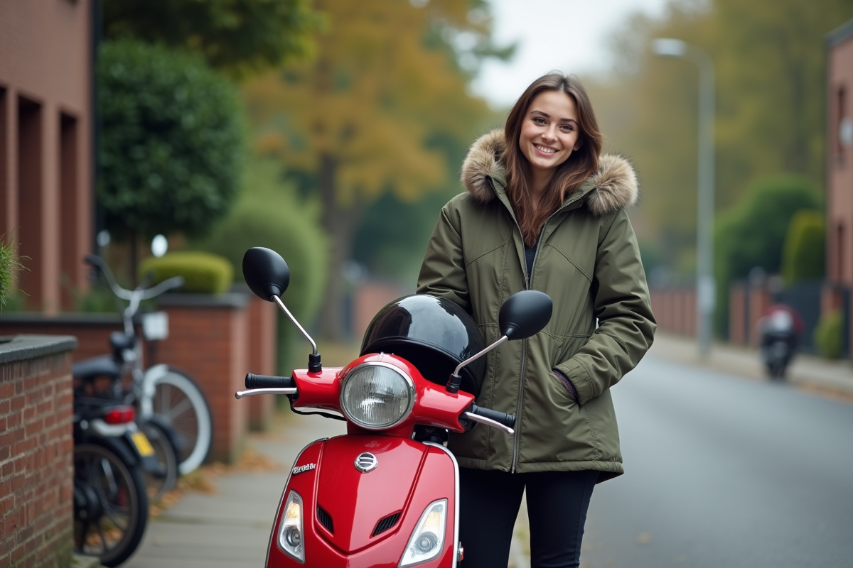 Jeune femme ajustant son casque à côté d’un scooter rouge