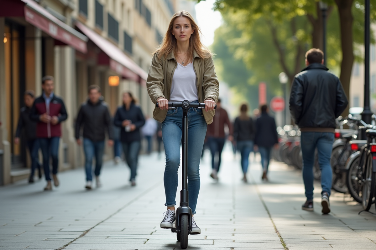 Jeune femme en scooter électrique dans une ville animée