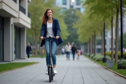 Jeune femme en scooter dans une ville moderne