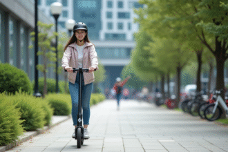 Jeune femme à vélo électrique dans la ville moderne
