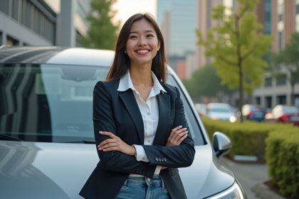 Jeune femme souriante à côté d'une voiture électrique en ville