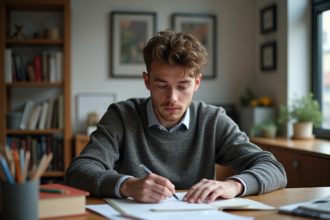 Jeune homme concentré étudiant à la maison