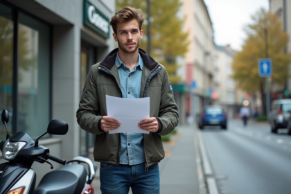 Jeune homme avec scooter et documents d'assurance
