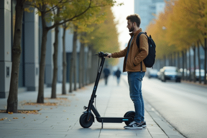 Jeune homme vérifiant un scooter électrique en ville
