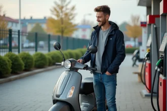 Jeune homme en veste navy et jeans avec scooter à la station