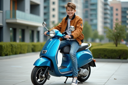 Jeune garçon en jeans et bomber sur scooter en ville