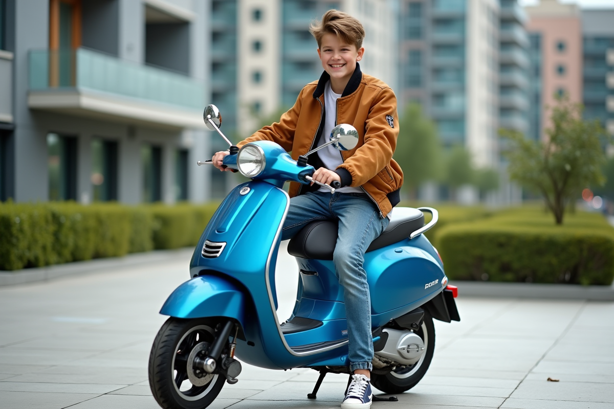 Jeune garçon en jeans et bomber sur scooter en ville