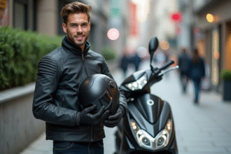 Jeune homme avec casque et scooter Tmax en ville