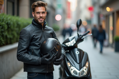 Jeune homme avec casque et scooter Tmax en ville