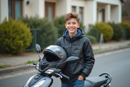 Jeune garçon avec casque à côté d'un scooter en extérieur