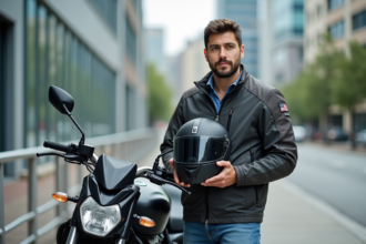 Jeune homme confiant avec casque moto en ville