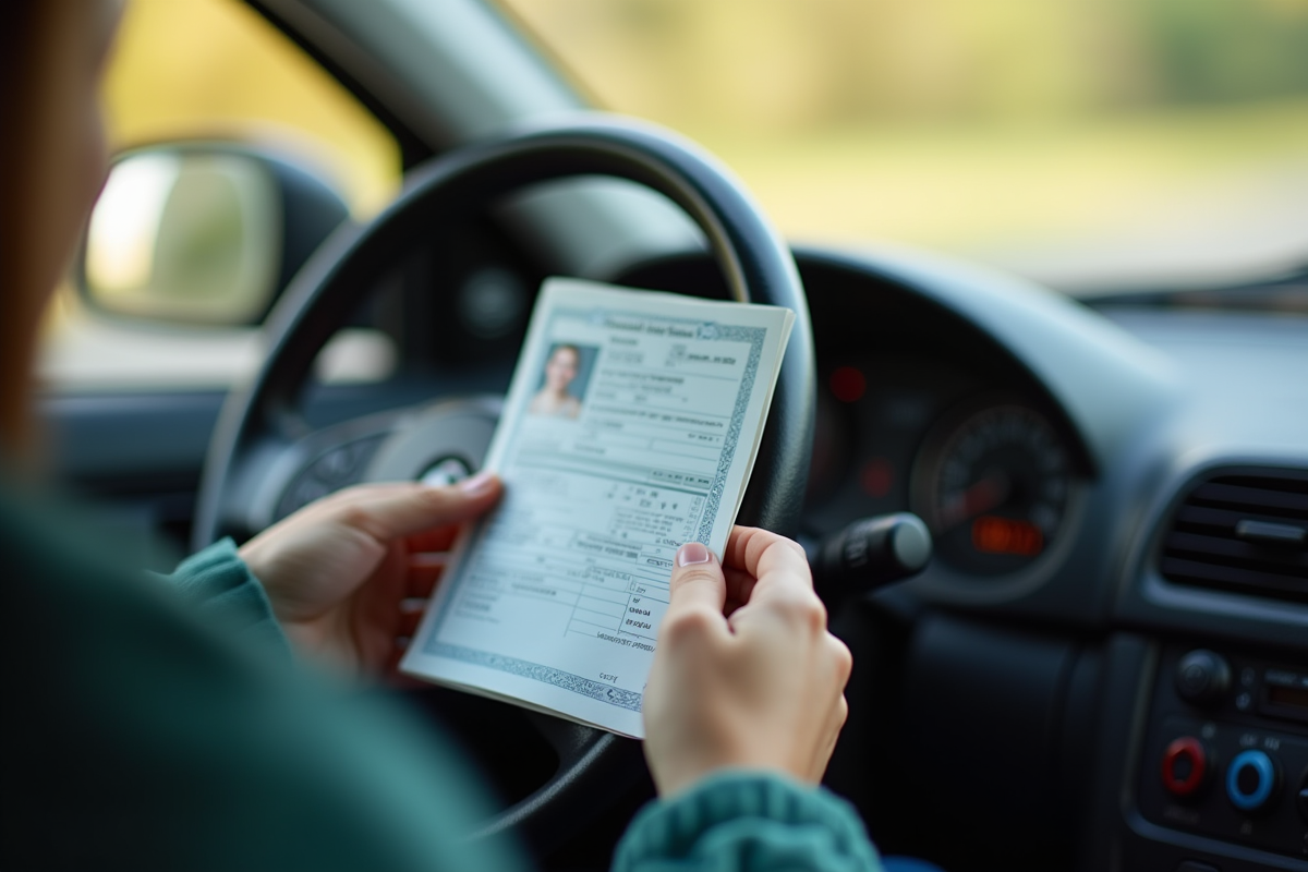 Main tenant un permis de conduire neuf sur le volant de la voiture