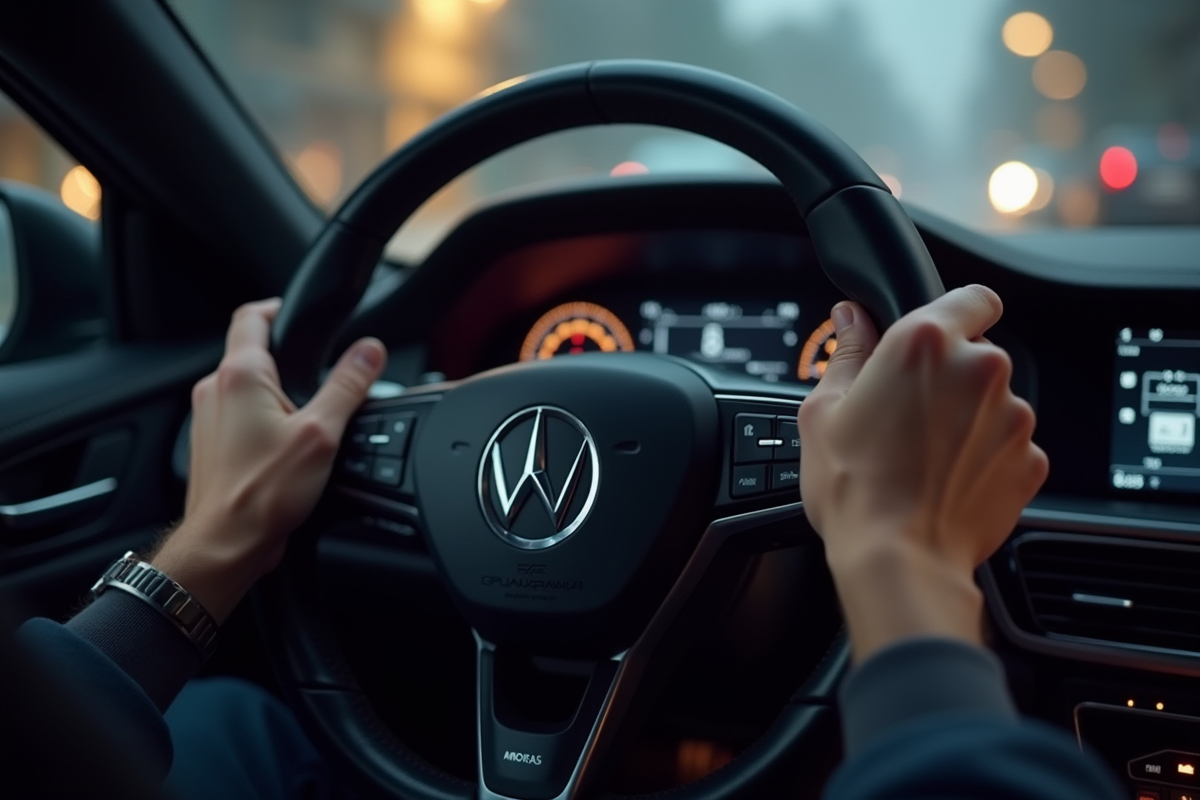 Mains du conducteur sur le volant avec voyant ASR allumé