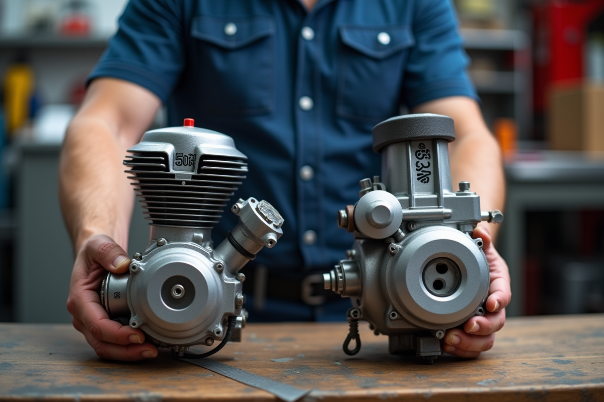 Mécanicien comparant deux moteurs de scooter 49cc et 50cc