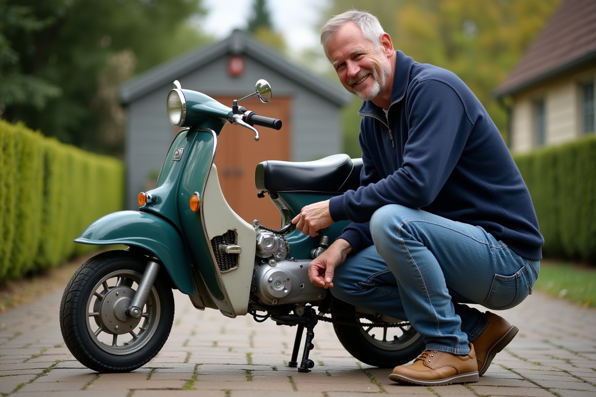 Homme d'âge moyen vérifiant la tension de sa moto vintage Chappy 125