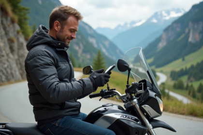 Motard homme vérifiant GPS sur moto aventure en montagne