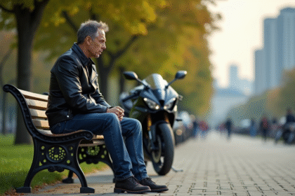 Motard réfléchi assis sur un banc avec sa Yamaha R1