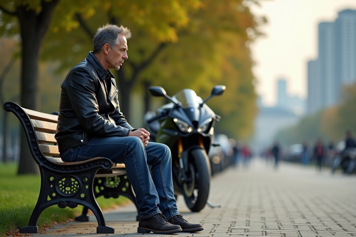 Motard réfléchi assis sur un banc avec sa Yamaha R1