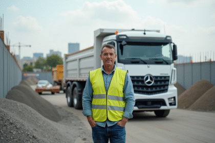 Ouvrier de construction à côté d'un camion blanc sur un chantier