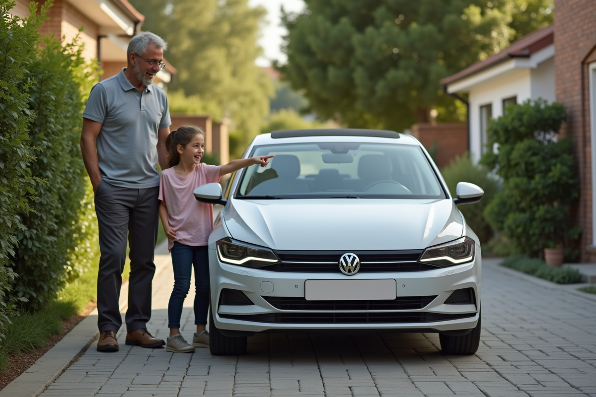Père et fille pointant une voiture dans la cour