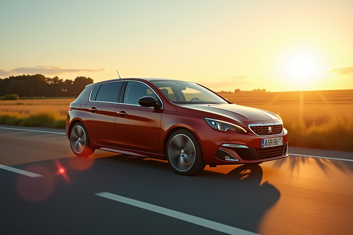 Peugeot 308 en campagne au coucher du soleil