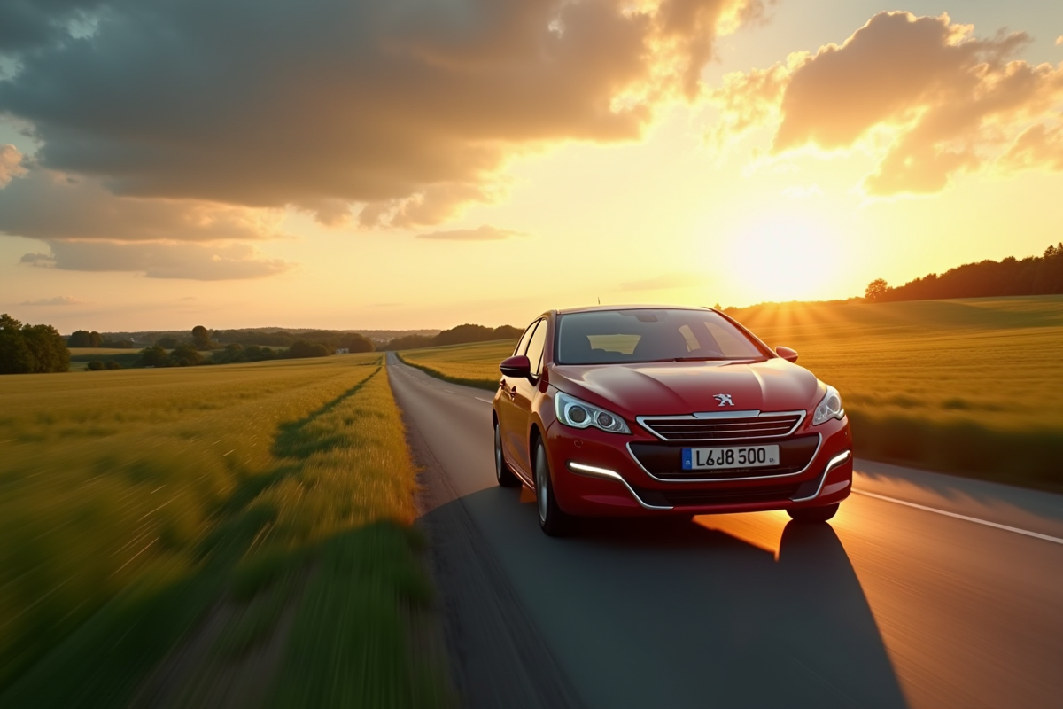 Peugeot 308 2015 en conduite dans la campagne au coucher du soleil