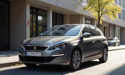Peugeot 308 2015 stationnée en ville avec architecture moderne