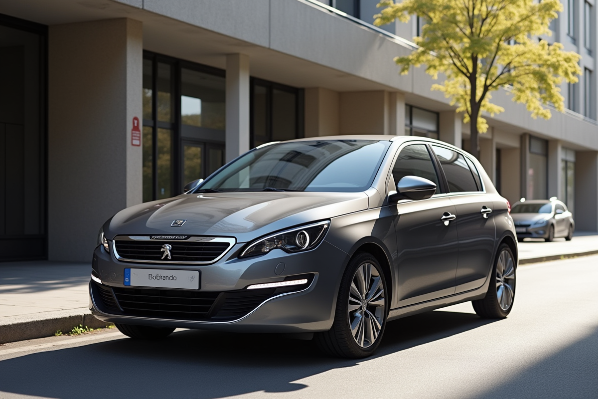 Peugeot 308 2015 stationnée en ville avec architecture moderne