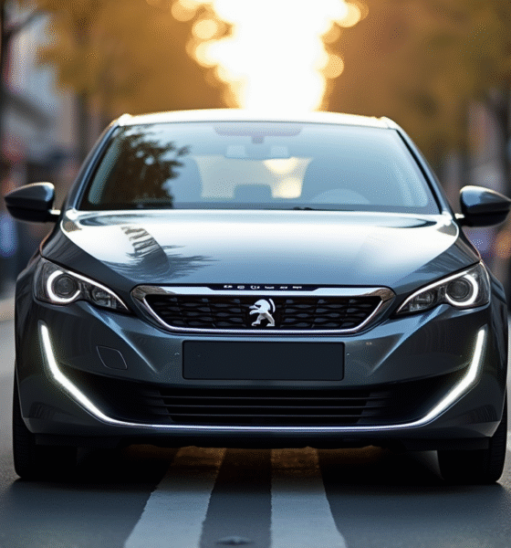 Peugeot 308 en ville avec reflets métalliques