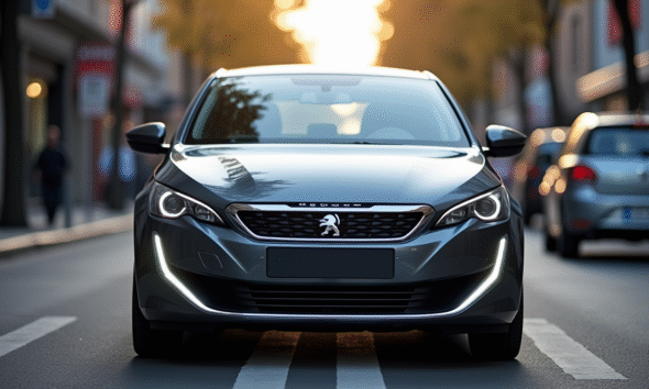 Peugeot 308 en ville avec reflets métalliques