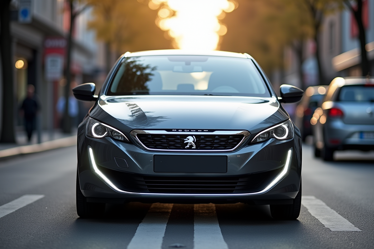 Peugeot 308 en ville avec reflets métalliques