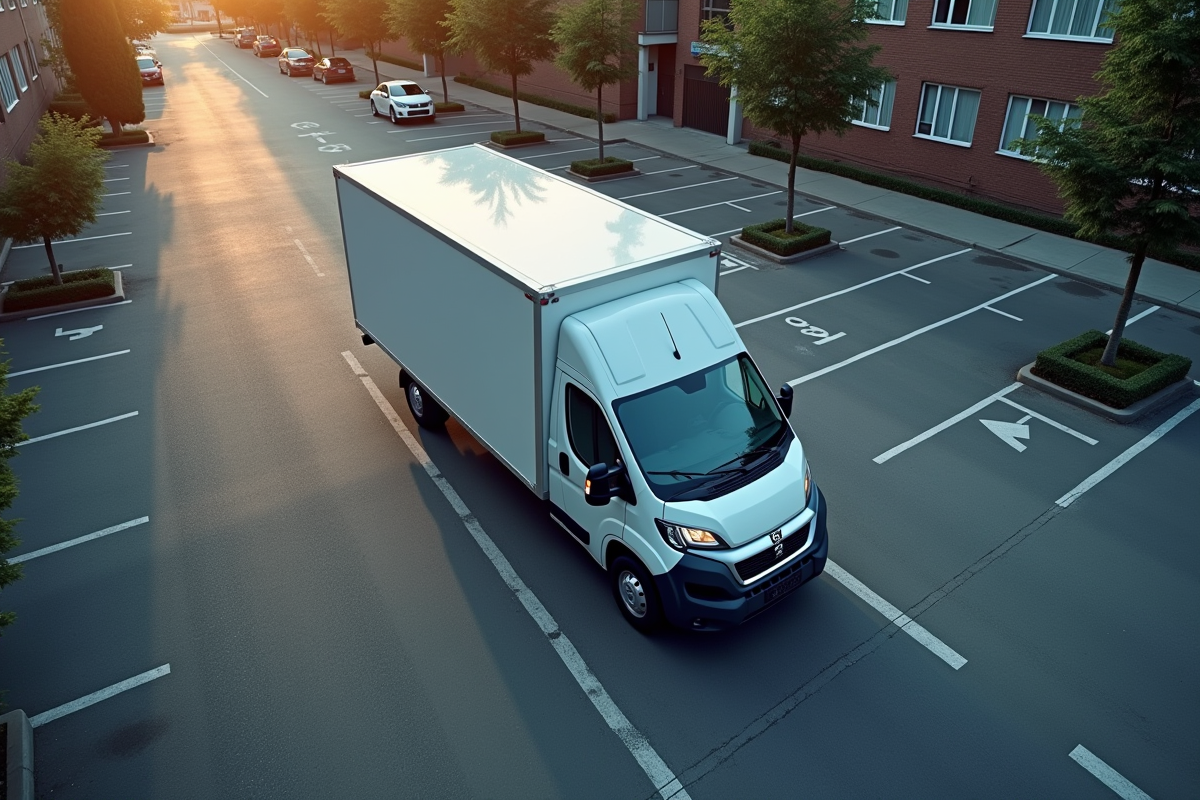 Peugeot Boxer tournant dans un parking urbain