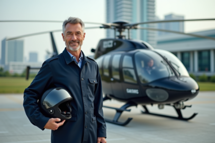 Pilote homme en tenue dans un hélicoptère urbain