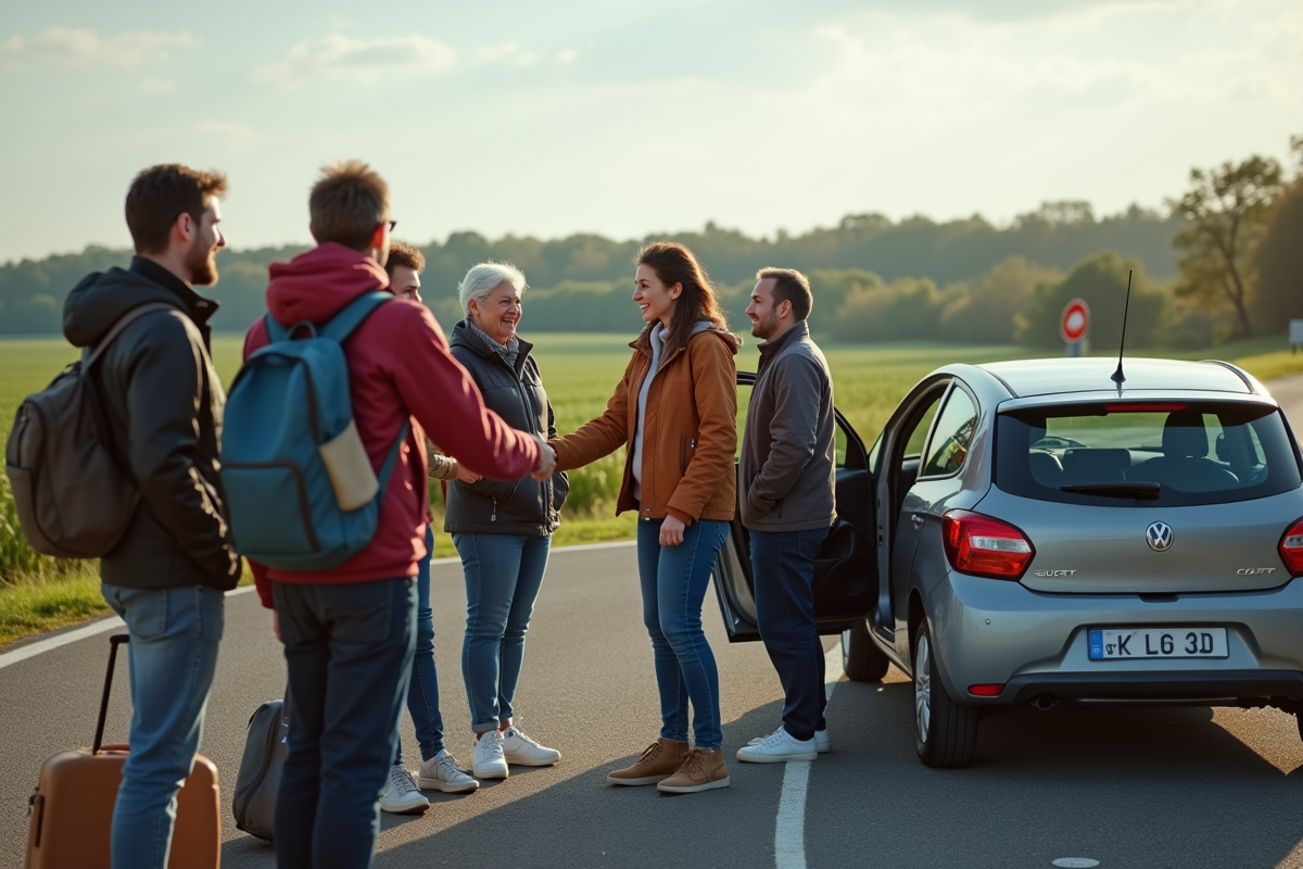 Groupe diversifié se saluant au bord de la route en campagne
