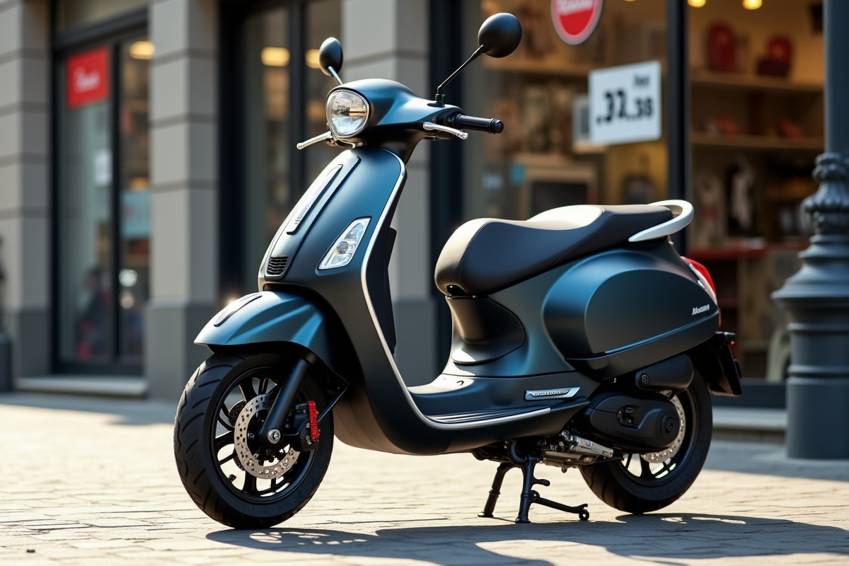 Scooter neuf moderne devant concession urbaine ensoleillée