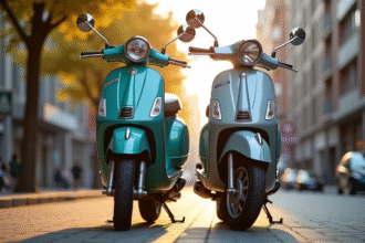 Deux scooters stationnés en ville avec badges 49cc et 50cc