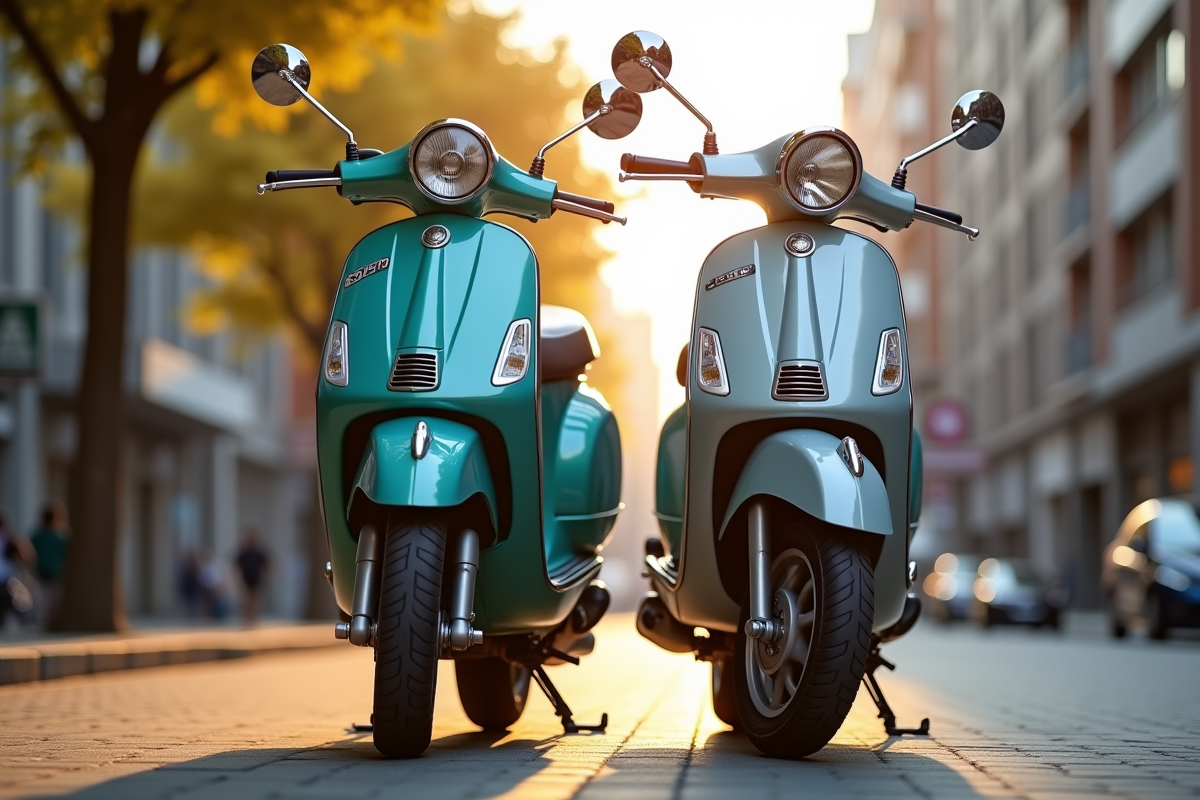 Deux scooters stationnés en ville avec badges 49cc et 50cc