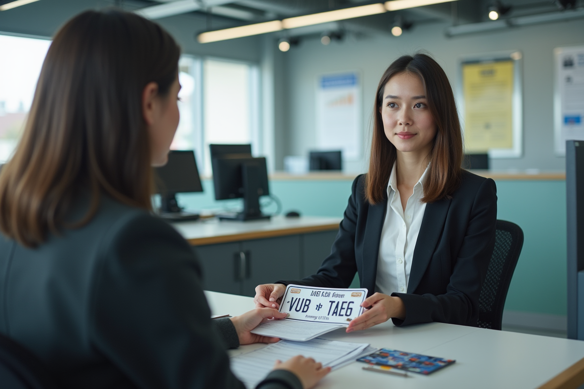 Jeune femme au bureau de registration remettant des plaques d