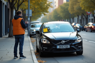Voiture stationnee illegalement sur le trottoir avec ticket jaune
